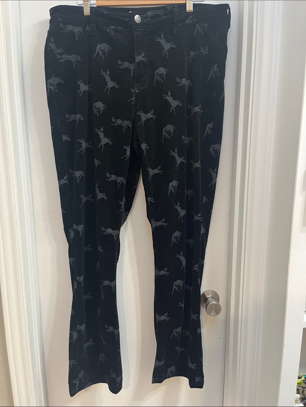 Rock & Roll Denim Black Horse-Print Corduroy pants, modest boot cut Size 36 x 32